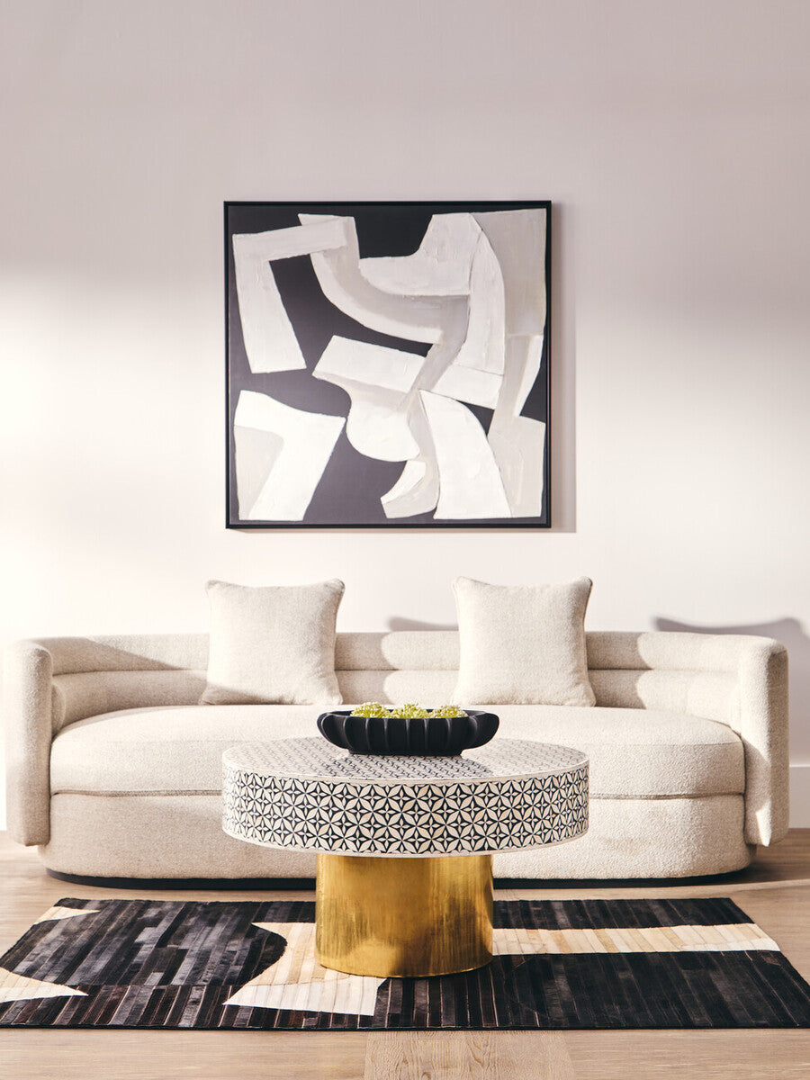 Fusion bone inlay round coffee table, styled view 1
