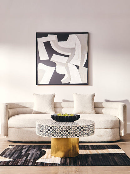 Fusion bone inlay round coffee table, styled view 1