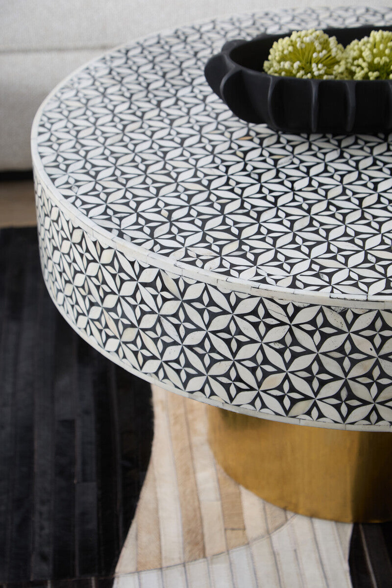 Fusion bone inlay round coffee table, styled view 2