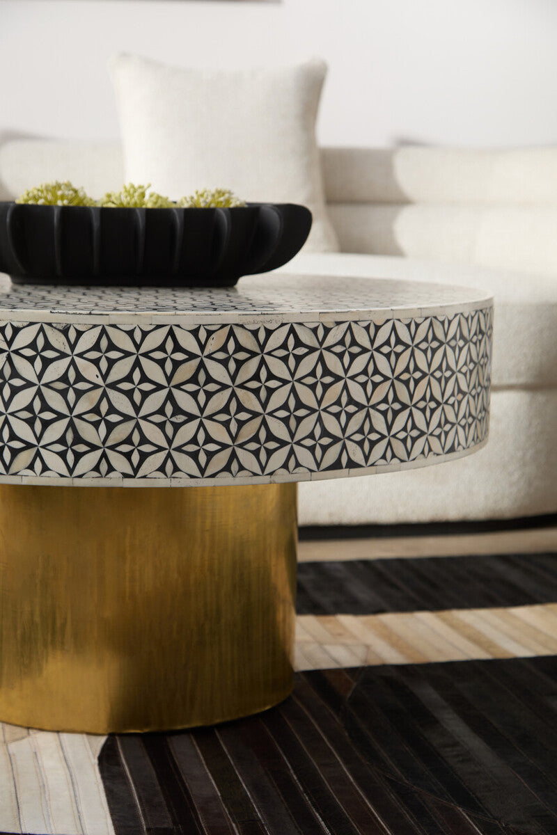Fusion bone inlay round coffee table, styled view 3