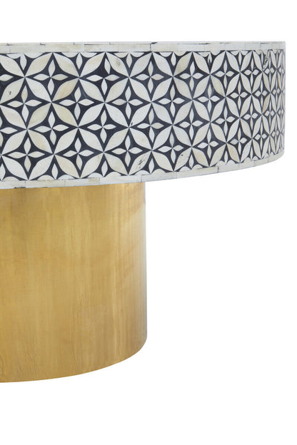 Fusion bone inlay round coffee table, close up view 1