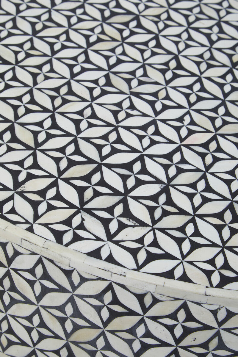 Fusion bone inlay round coffee table, close up view 2