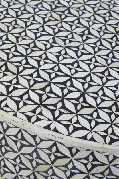 Fusion bone inlay round coffee table, close up view 2