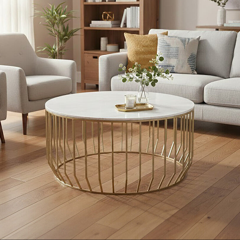 Pali white marble and gold round coffee table, front view