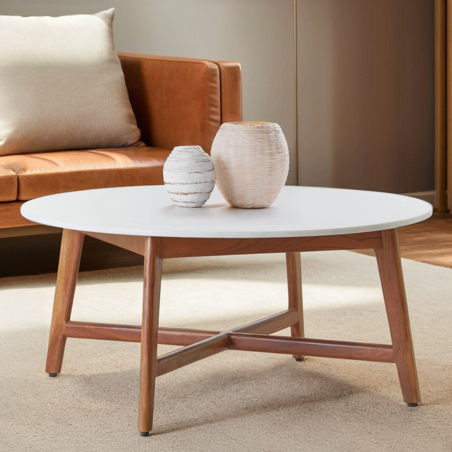 Myan white marble round coffee table, front view