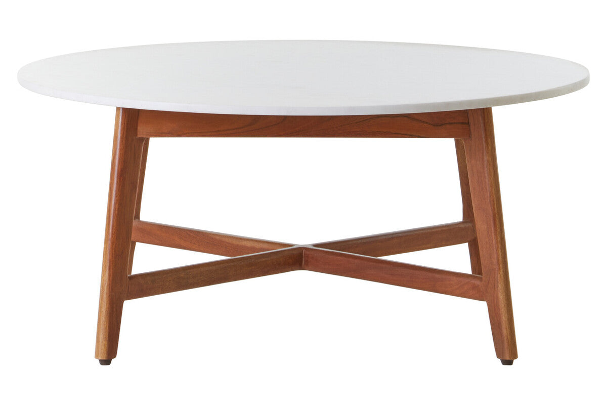 Myan white marble round coffee table, side angle