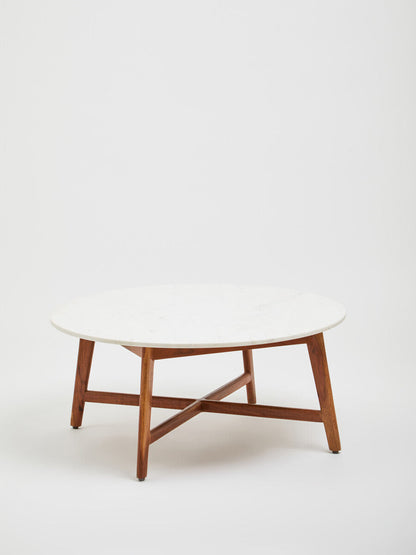 Myan white marble round coffee table, close up view 1