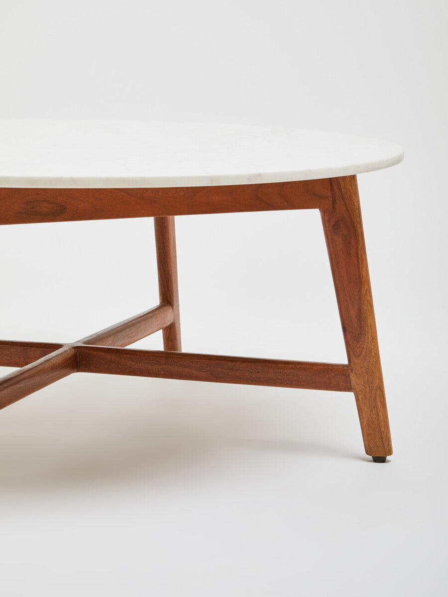 Myan white marble round coffee table, close up view 2