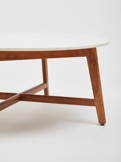 Myan white marble round coffee table, close up view 2