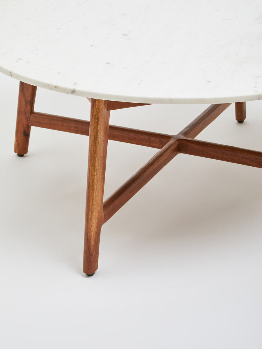 Myan white marble round coffee table, close up view 3