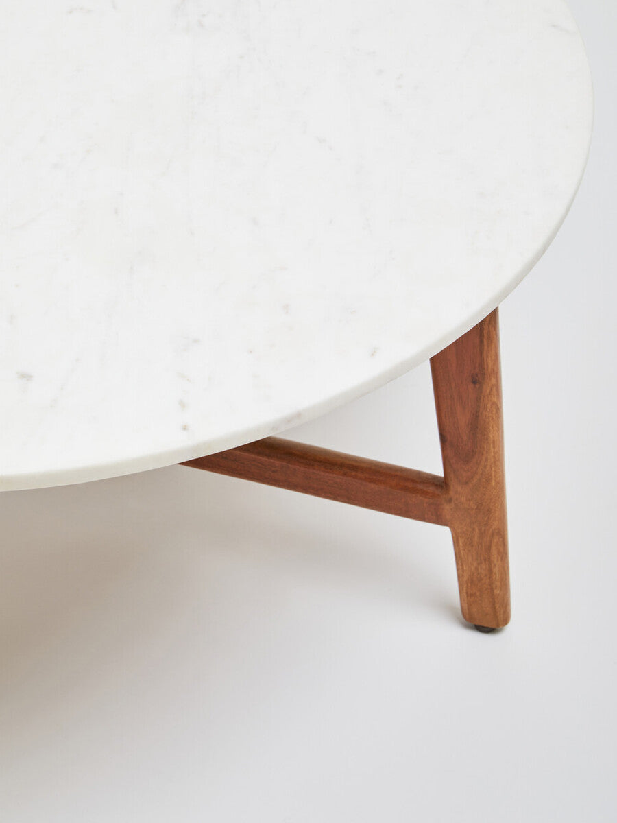 Myan white marble round coffee table, close up view 4