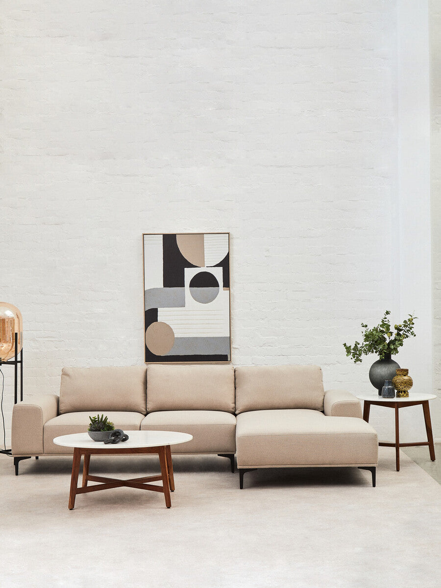 Myan white marble round coffee table, styled living room 2
