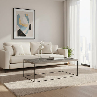 Akola silver metal and glass coffee table, styled living room