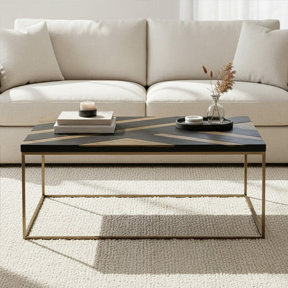 Aris black acacia wood coffee table gold inlay, front view