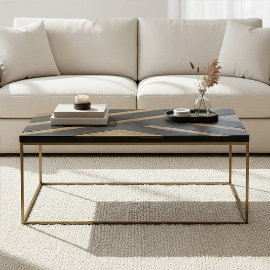 Aris black acacia wood coffee table gold inlay, front view