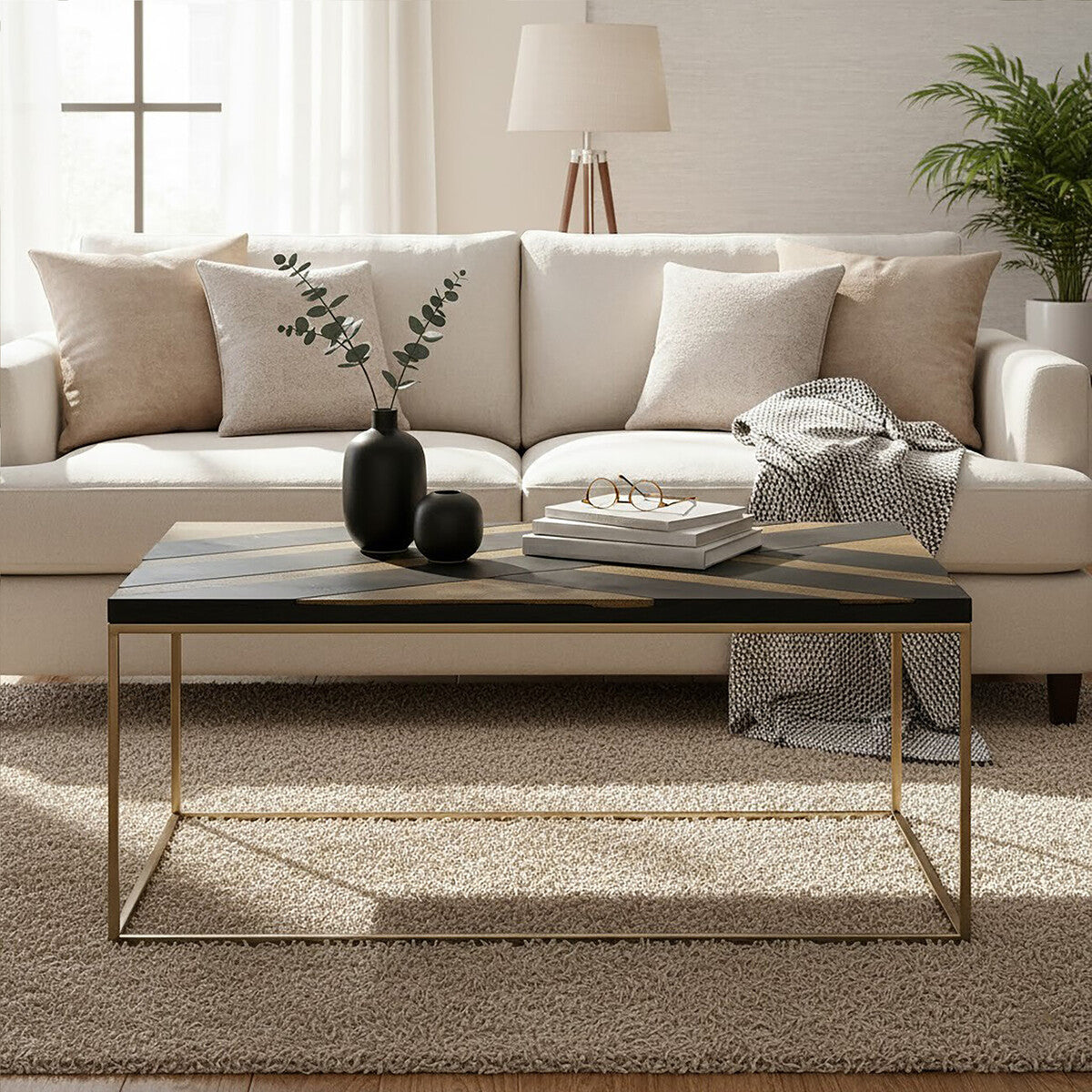Aris black acacia wood coffee table gold inlay, styled living room