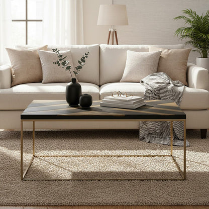 Aris black acacia wood coffee table gold inlay, styled living room