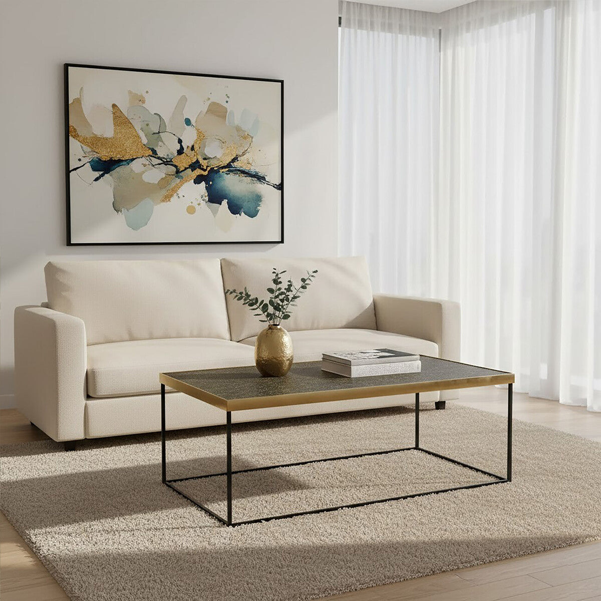 Akola gold finish black base coffee table, front view
