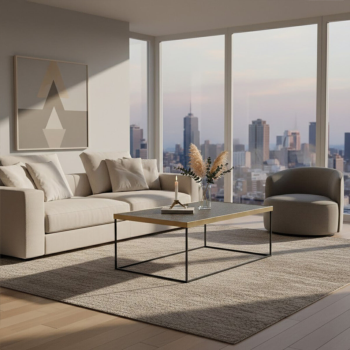 Akola gold finish black base coffee table, styled living room