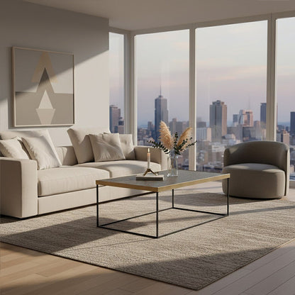 Akola gold finish black base coffee table, styled living room