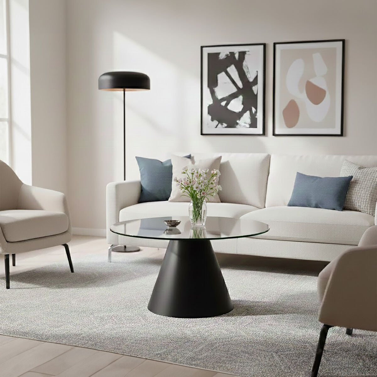 Azalea clear glass round coffee table, styled living room