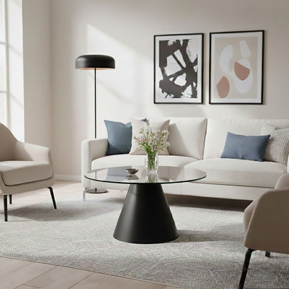 Azalea clear glass round coffee table, styled living room
