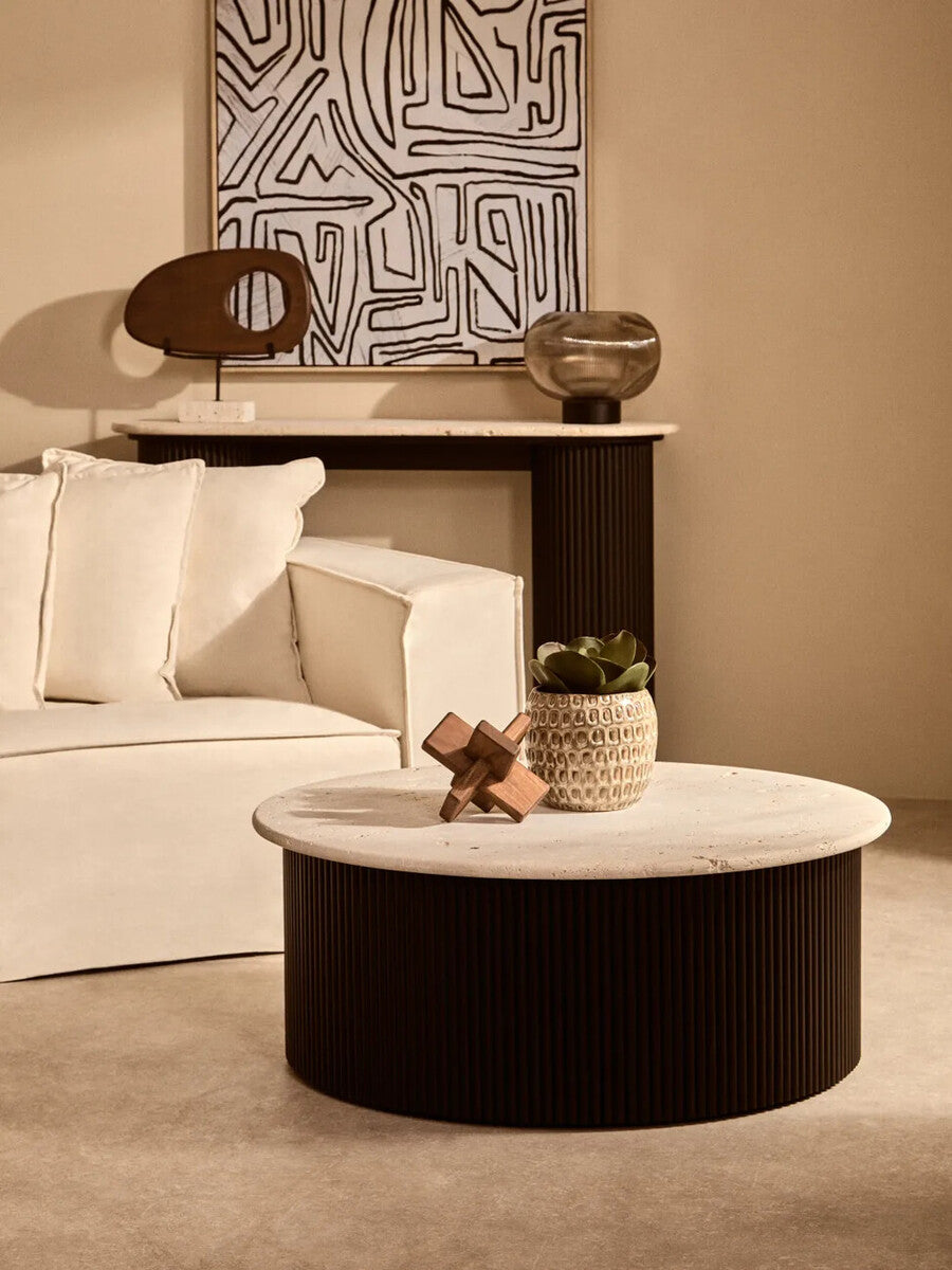 Walton cream travertine coffee table, styled living room 4