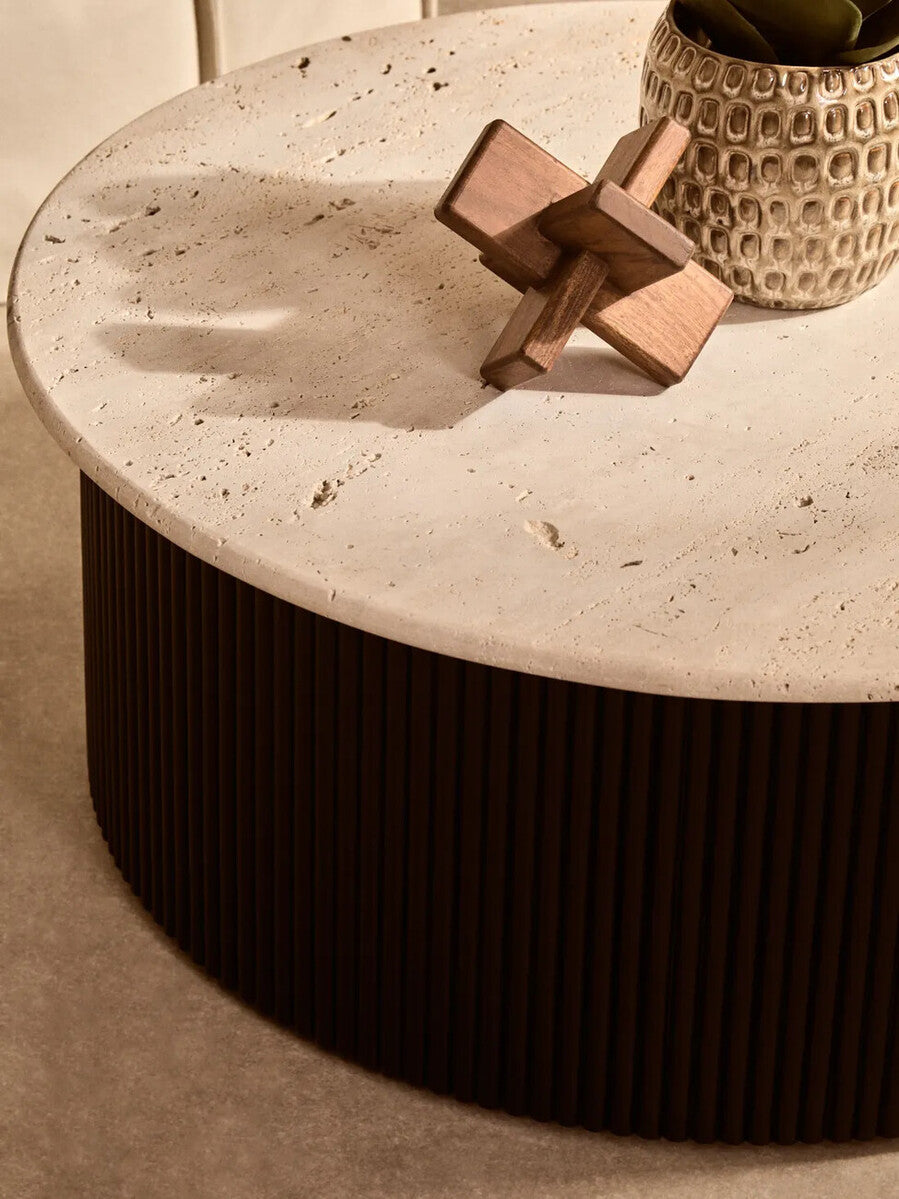 Walton cream travertine coffee table, styled living room 3