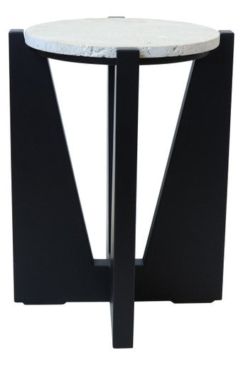 Winton Cream Travertine and Black Acacia Wood Side Table, 42 cm