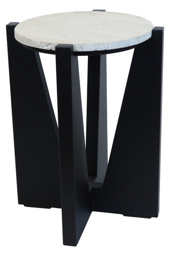 Winton Cream Travertine and Black Acacia Wood Side Table, 42 cm