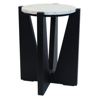 Winton Cream Travertine and Black Acacia Wood Side Table, 42 cm