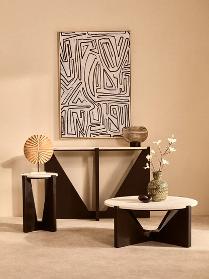 Winton Cream Travertine and Black Acacia Wood Side Table, 42 cm