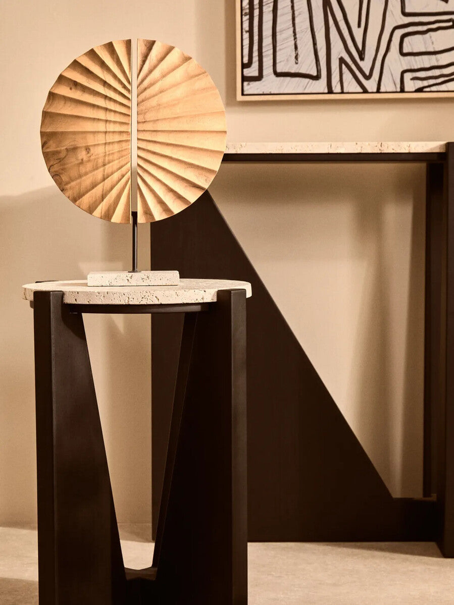 Winton Cream Travertine and Black Acacia Wood Side Table, 42 cm