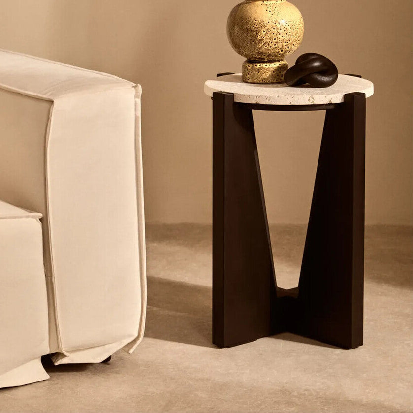 Winton Cream Travertine and Black Acacia Wood Side Table, 42 cm