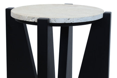 Winton Cream Travertine and Black Acacia Wood Side Table, 42 cm