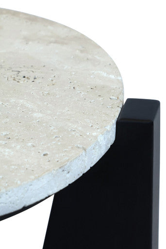 Winton Cream Travertine and Black Acacia Wood Side Table, 42 cm