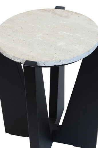 Winton Cream Travertine and Black Acacia Wood Side Table, 42 cm