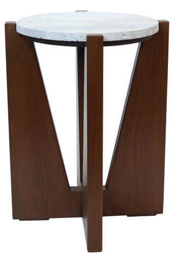 Winton Cream Travertine and Brown Acacia Wood Side Table, 42 cm