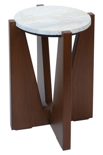Winton Cream Travertine and Brown Acacia Wood Side Table, 42 cm