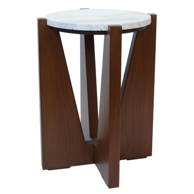 Winton Cream Travertine and Brown Acacia Wood Side Table, 42 cm