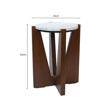 Winton Cream Travertine and Brown Acacia Wood Side Table, 42 cm