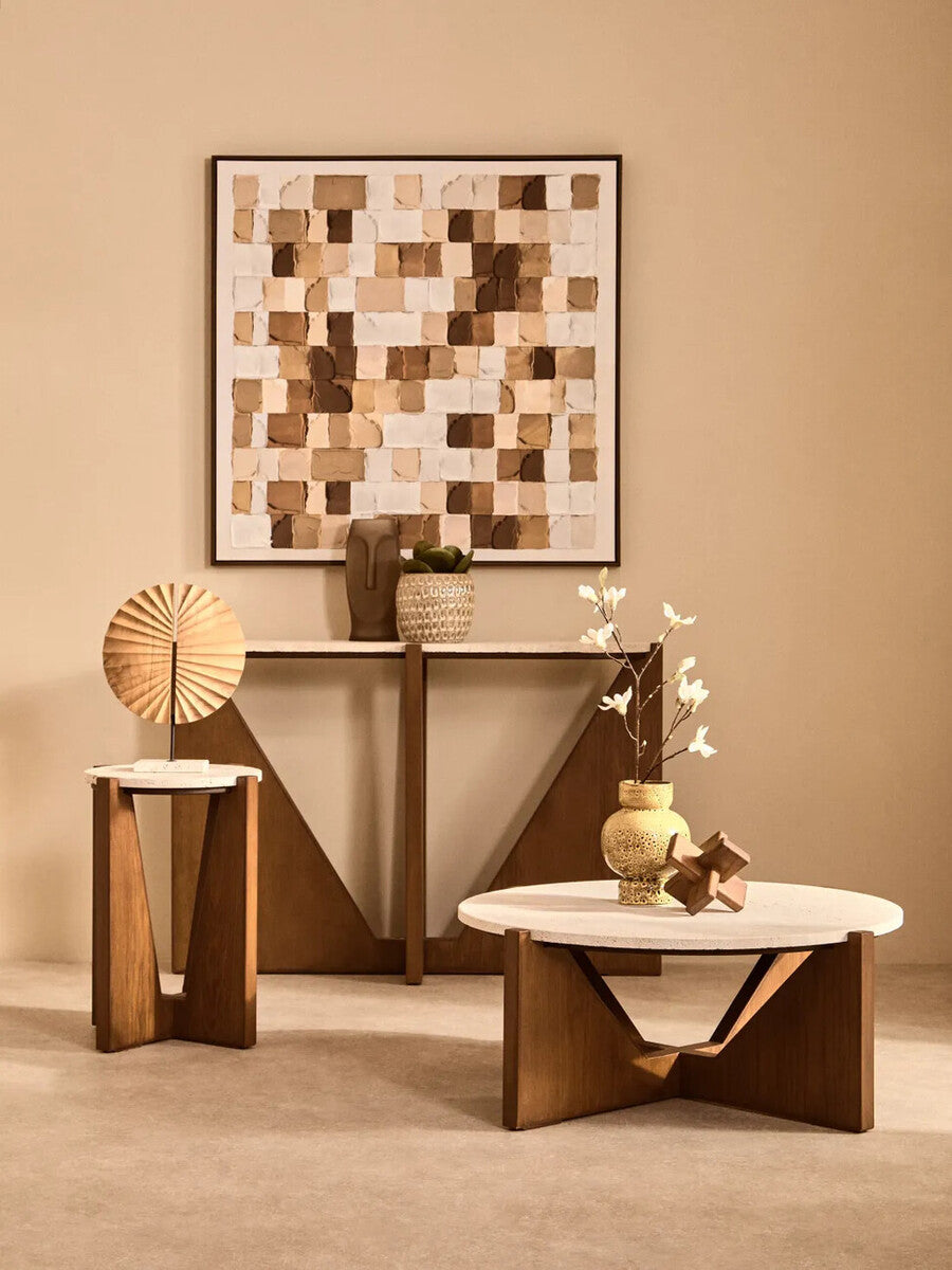 Winton Cream Travertine and Brown Acacia Wood Side Table, 42 cm