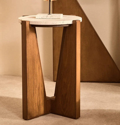 Winton Cream Travertine and Brown Acacia Wood Side Table, 42 cm