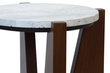 Winton Cream Travertine and Brown Acacia Wood Side Table, 42 cm