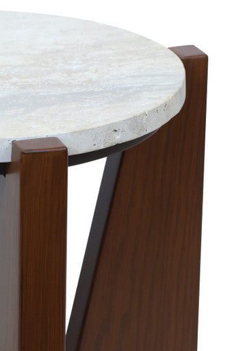 Winton Cream Travertine and Brown Acacia Wood Side Table, 42 cm
