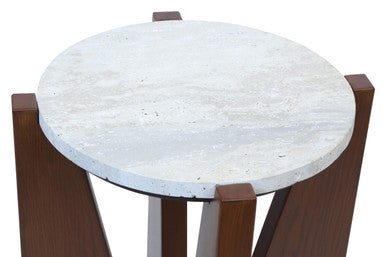 Winton Cream Travertine and Brown Acacia Wood Side Table, 42 cm