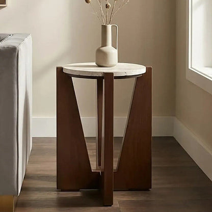 Winton Cream Travertine and Brown Acacia Wood Side Table, 42 cm