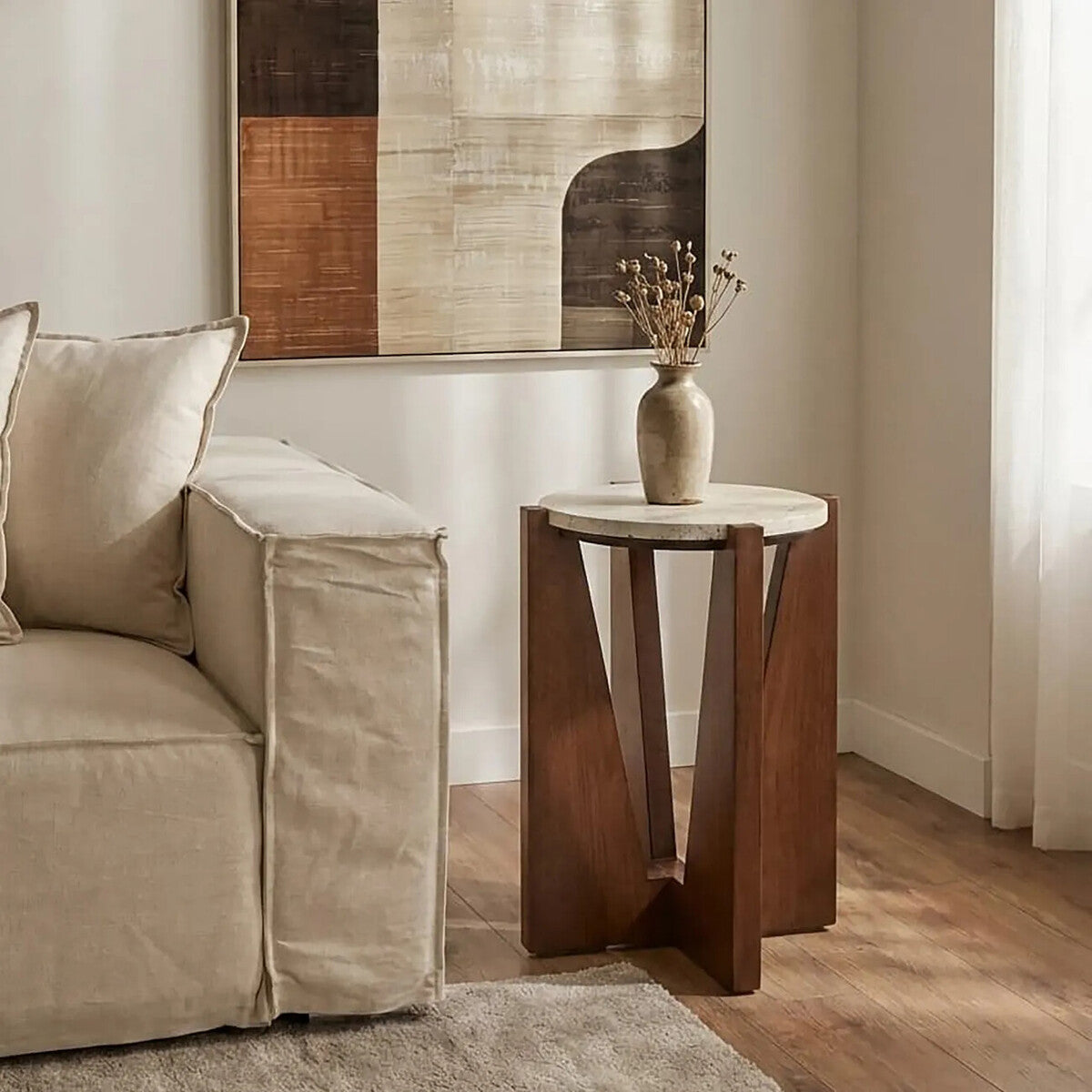 Winton Cream Travertine and Brown Acacia Wood Side Table, 42 cm
