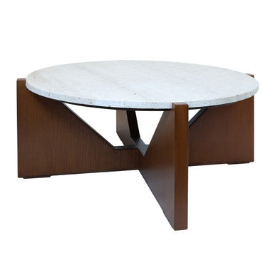 Winton cream travertine coffee table, close up view 1