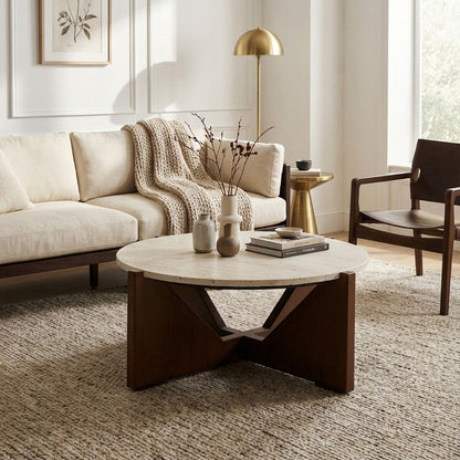 Winton cream travertine coffee table, styled living room